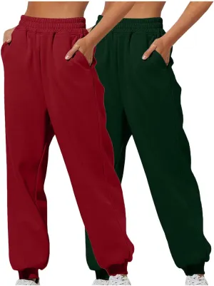 2 Pack Womens Casual Baggy Fleece Sweatpants High Waisted Jogging Running Pants Cinch Bottom Cotton Lounge Joggers