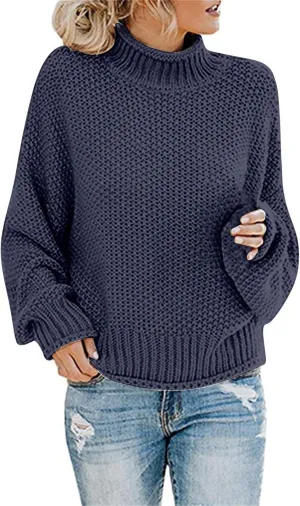 2023 Turtleneck Sweater for Women Batwing Sleeve Solid Loose Oversized Chunky Knitted Pullover Sweater Jumper Tops