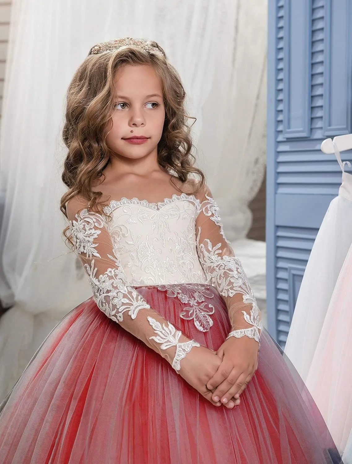 Abaowedding Lace Embroidery Sheer Long Sleeves Kids Trailing Gowns