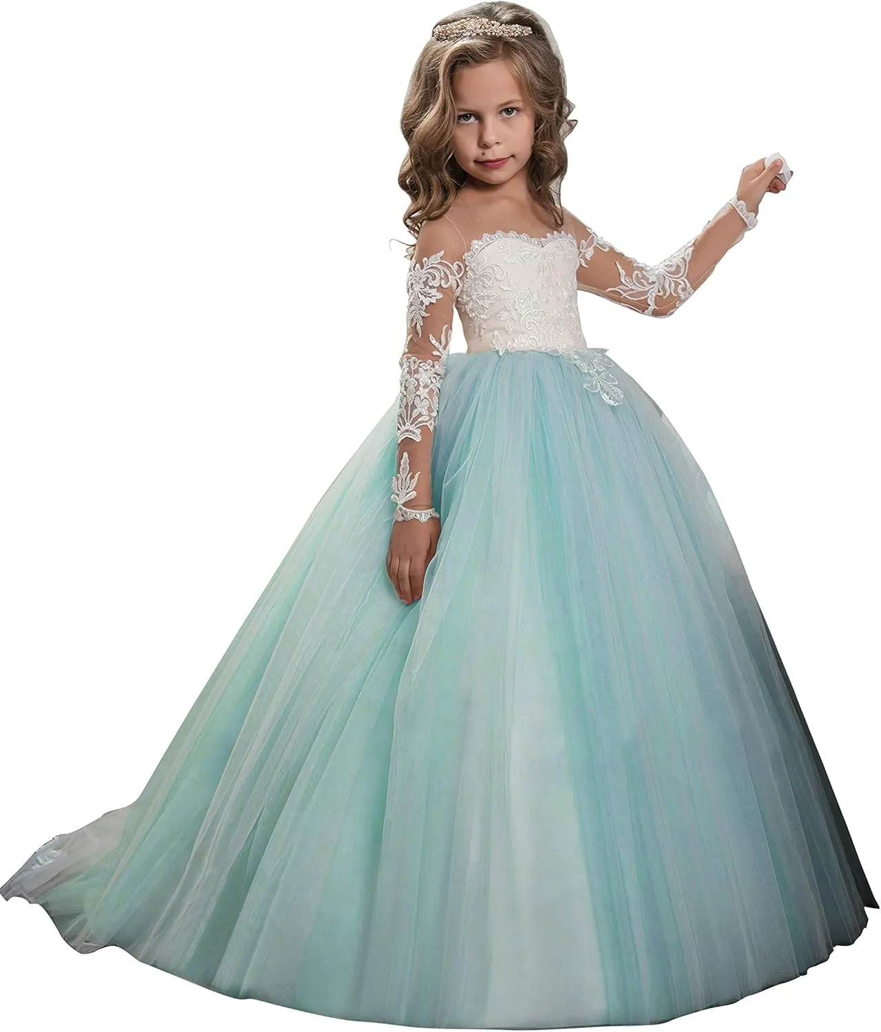 Abaowedding Lace Embroidery Sheer Long Sleeves Kids Trailing Gowns