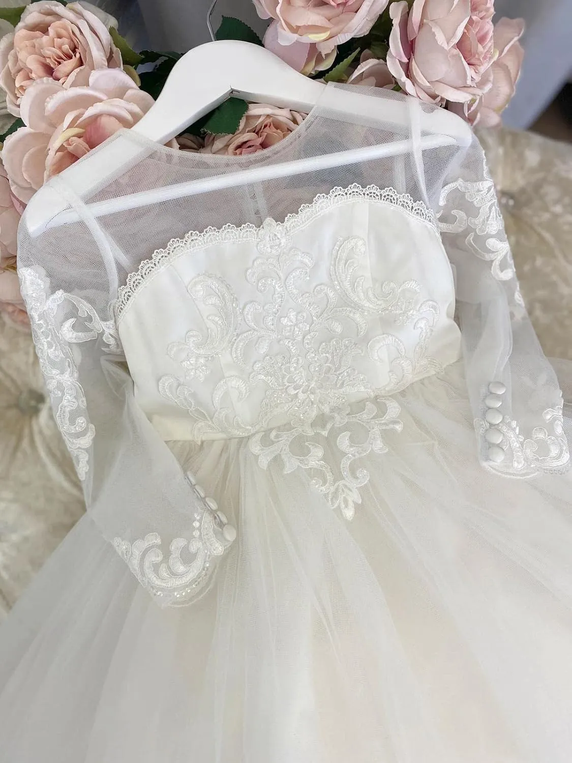Abaowedding Lace Embroidery Sheer Long Sleeves Kids Trailing Gowns