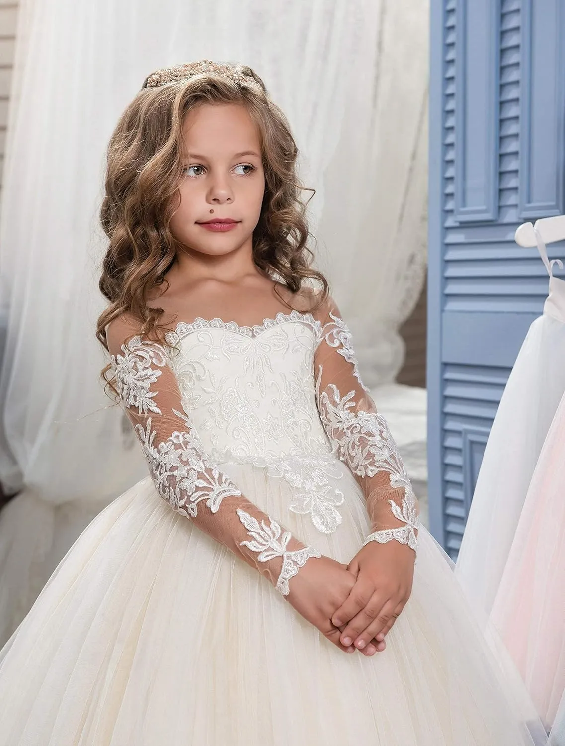 Abaowedding Lace Embroidery Sheer Long Sleeves Kids Trailing Gowns