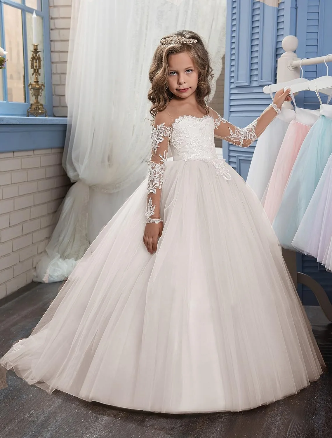 Abaowedding Lace Embroidery Sheer Long Sleeves Kids Trailing Gowns