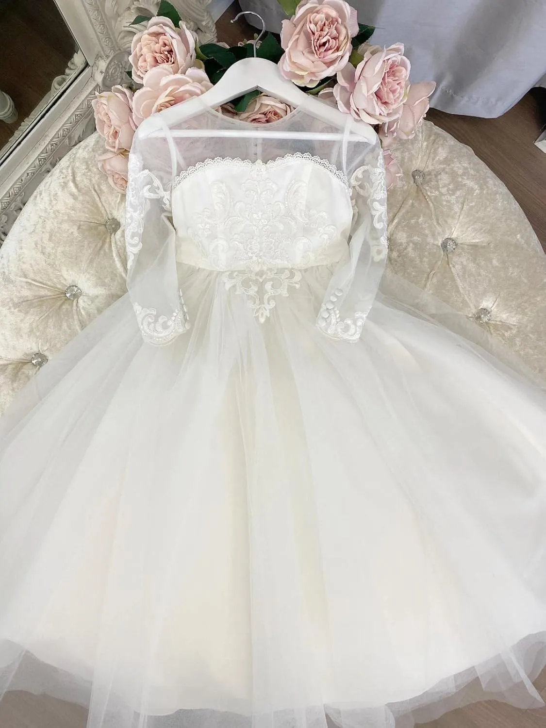 Abaowedding Lace Embroidery Sheer Long Sleeves Kids Trailing Gowns