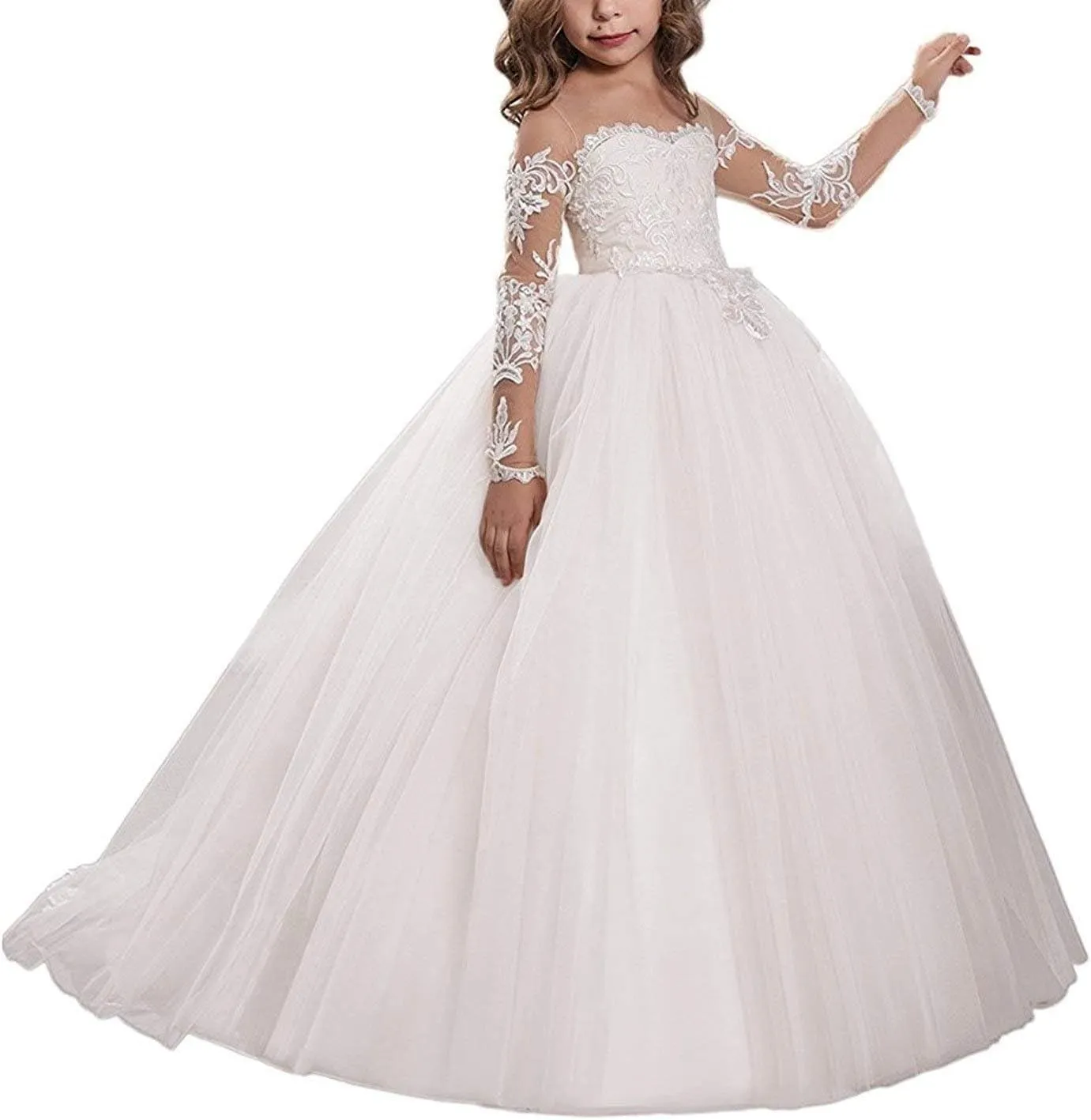 Abaowedding Lace Embroidery Sheer Long Sleeves Kids Trailing Gowns