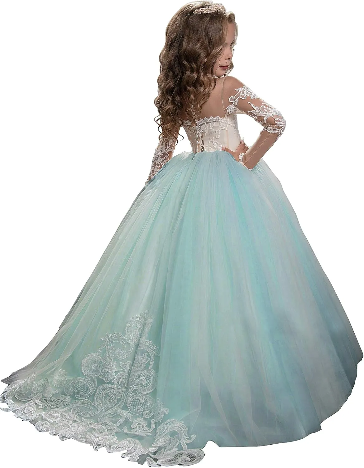 Abaowedding Lace Embroidery Sheer Long Sleeves Kids Trailing Gowns