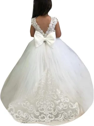 Abaowedding Lace Embroidery Sheer Long Sleeves Kids Trailing Gowns