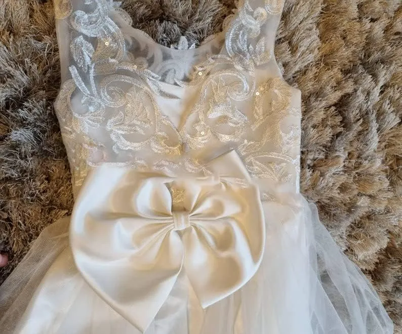 Abaowedding Lace Embroidery Sheer Long Sleeves Kids Trailing Gowns