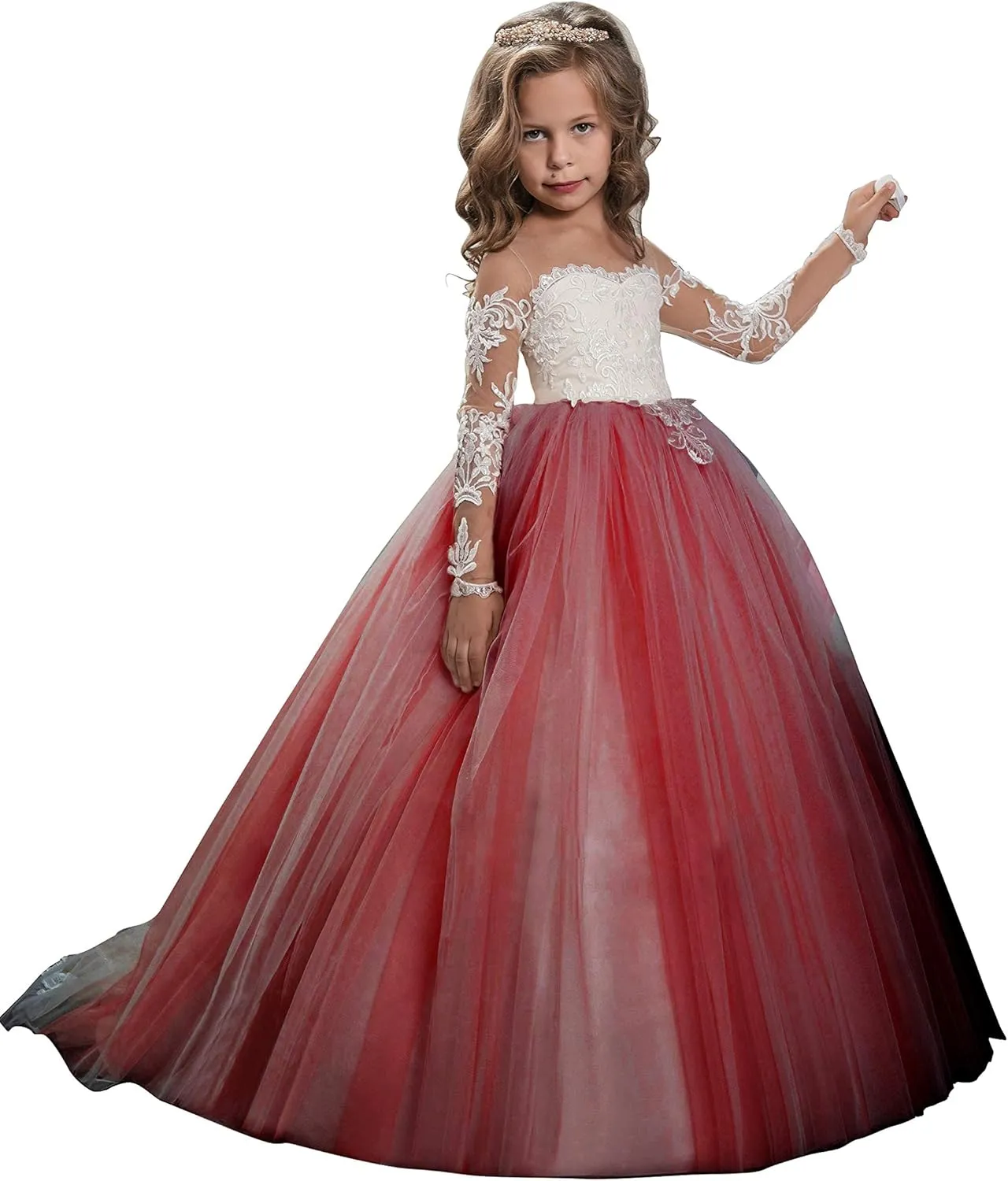 Abaowedding Lace Embroidery Sheer Long Sleeves Kids Trailing Gowns