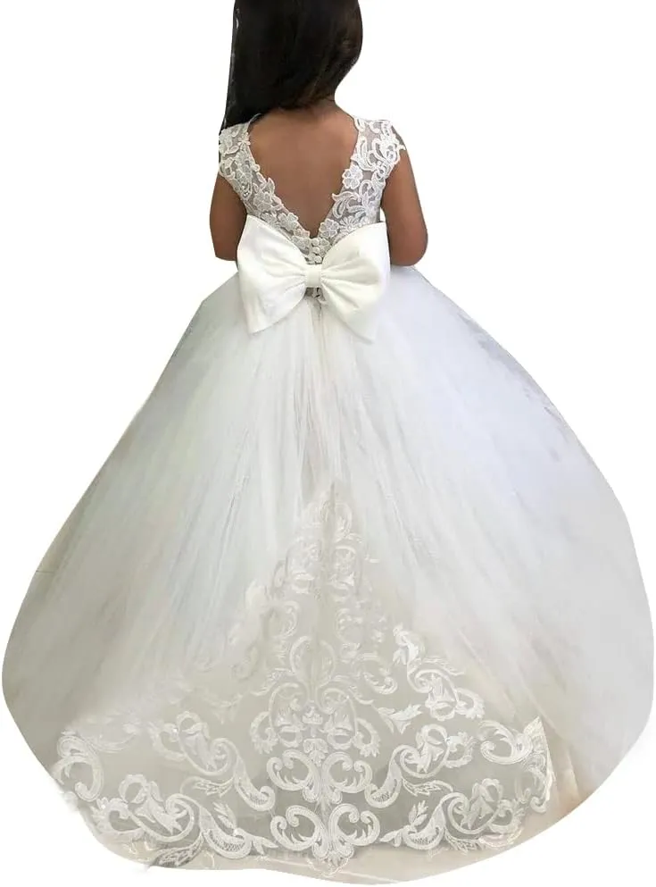 Abaowedding Lace Embroidery Sheer Long Sleeves Kids Trailing Gowns