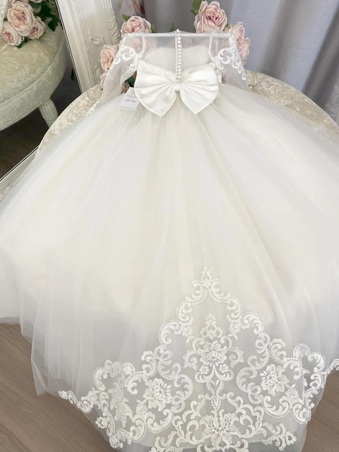 Abaowedding Lace Embroidery Sheer Long Sleeves Kids Trailing Gowns