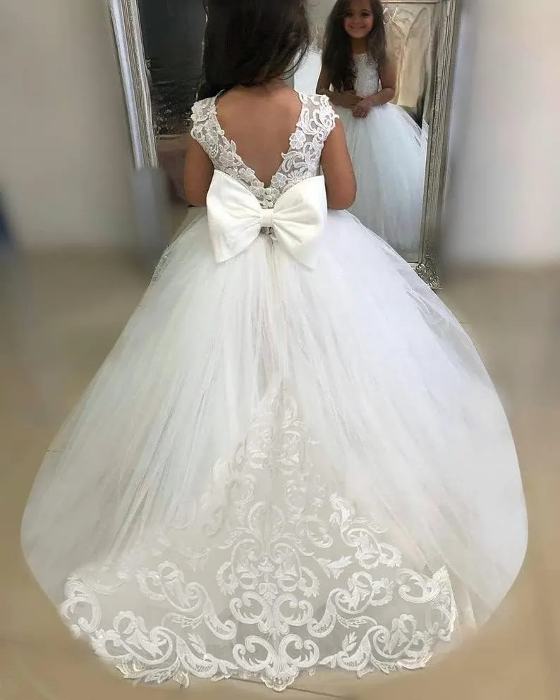 Abaowedding Lace Embroidery Sheer Long Sleeves Kids Trailing Gowns