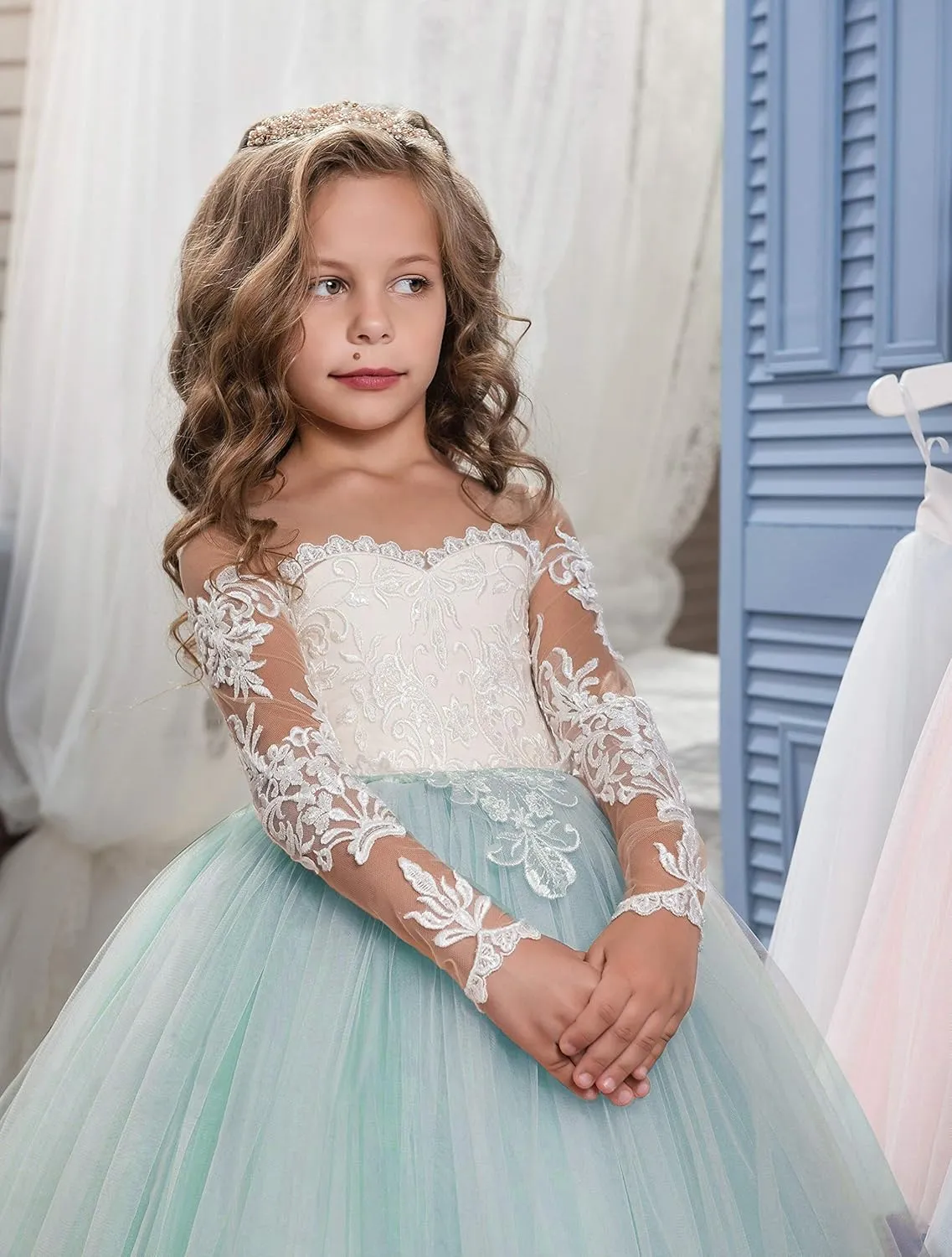 Abaowedding Lace Embroidery Sheer Long Sleeves Kids Trailing Gowns