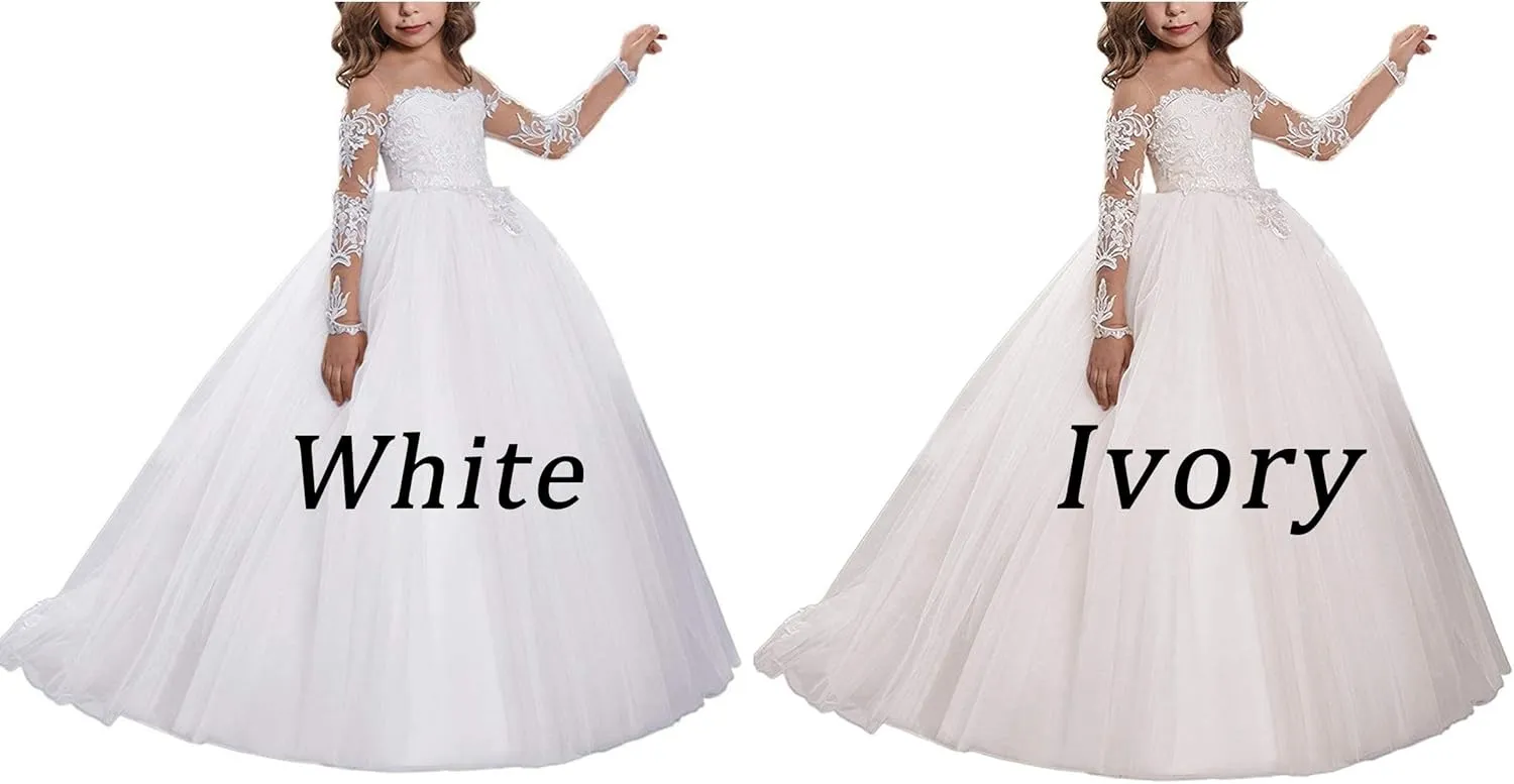 Abaowedding Lace Embroidery Sheer Long Sleeves Kids Trailing Gowns