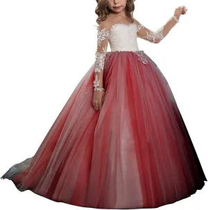 Abaowedding Lace Embroidery Sheer Long Sleeves Kids Trailing Gowns