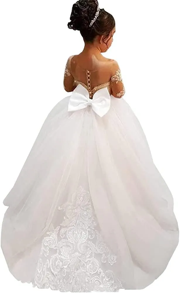 Abaowedding Lace Embroidery Sheer Long Sleeves Kids Trailing Gowns