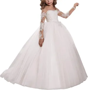 Abaowedding Lace Embroidery Sheer Long Sleeves Kids Trailing Gowns