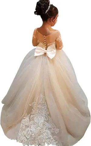 Abaowedding Lace Embroidery Sheer Long Sleeves Kids Trailing Gowns