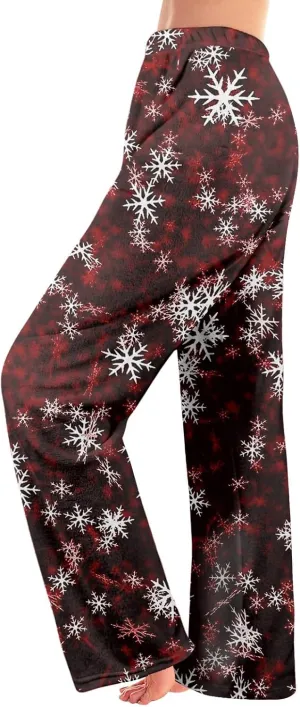 ADHOWBEW Winter Pajamas for Women 2024 Christmas Flannel Pjs Wide Leg Bottoms Casual Fuzzy Pants