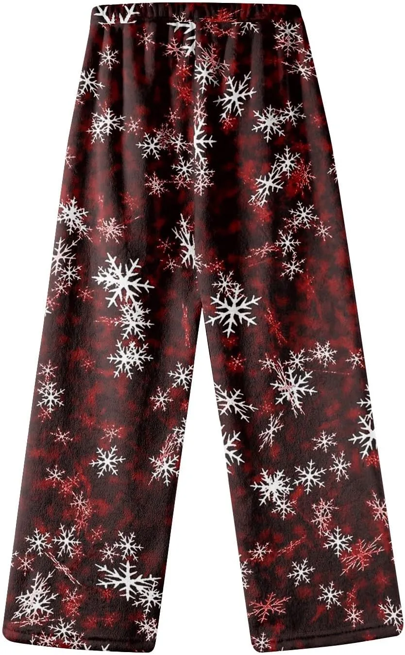 ADHOWBEW Winter Pajamas for Women 2024 Christmas Flannel Pjs Wide Leg Bottoms Casual Fuzzy Pants