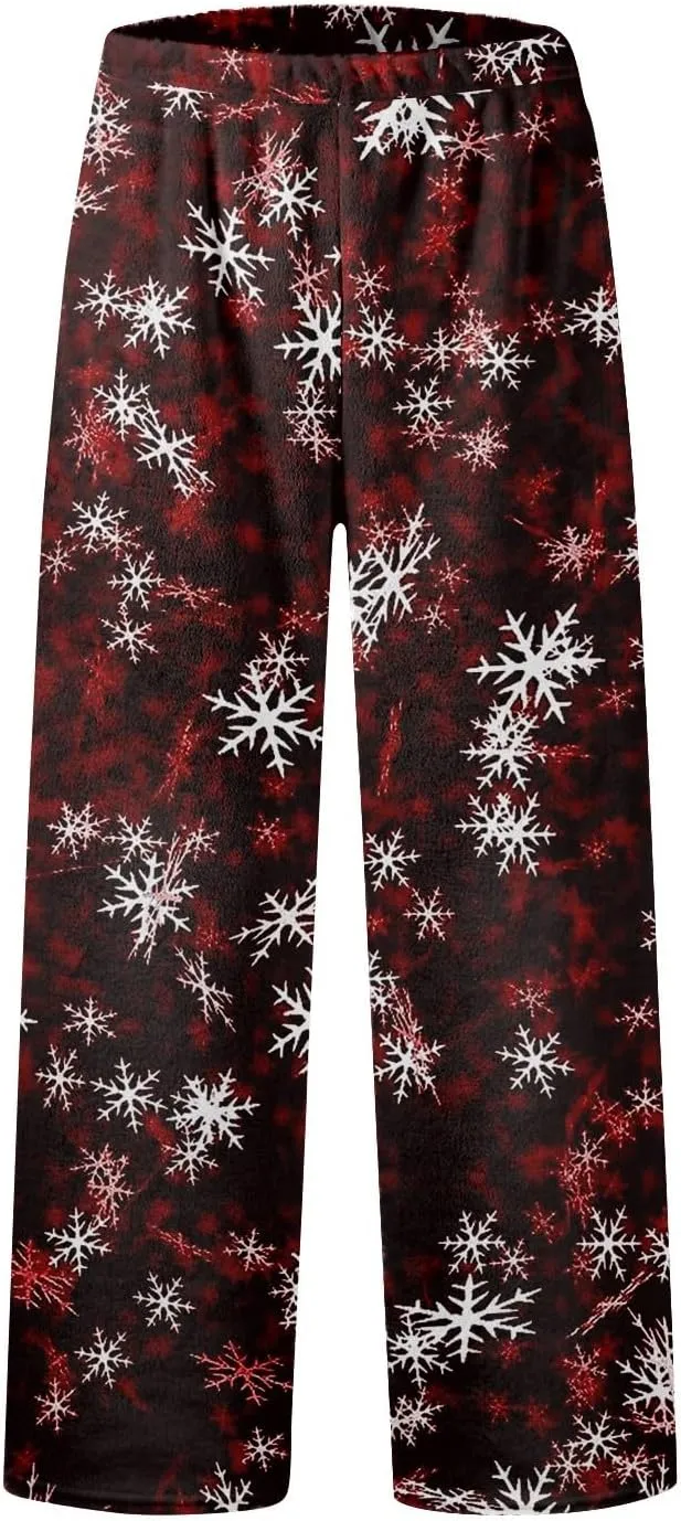 ADHOWBEW Winter Pajamas for Women 2024 Christmas Flannel Pjs Wide Leg Bottoms Casual Fuzzy Pants