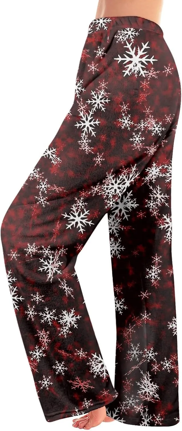 ADHOWBEW Winter Pajamas for Women 2024 Christmas Flannel Pjs Wide Leg Bottoms Casual Fuzzy Pants