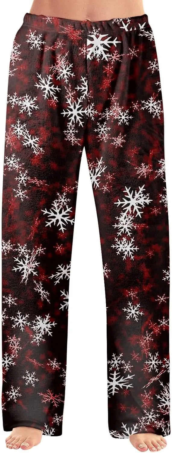 ADHOWBEW Winter Pajamas for Women 2024 Christmas Flannel Pjs Wide Leg Bottoms Casual Fuzzy Pants