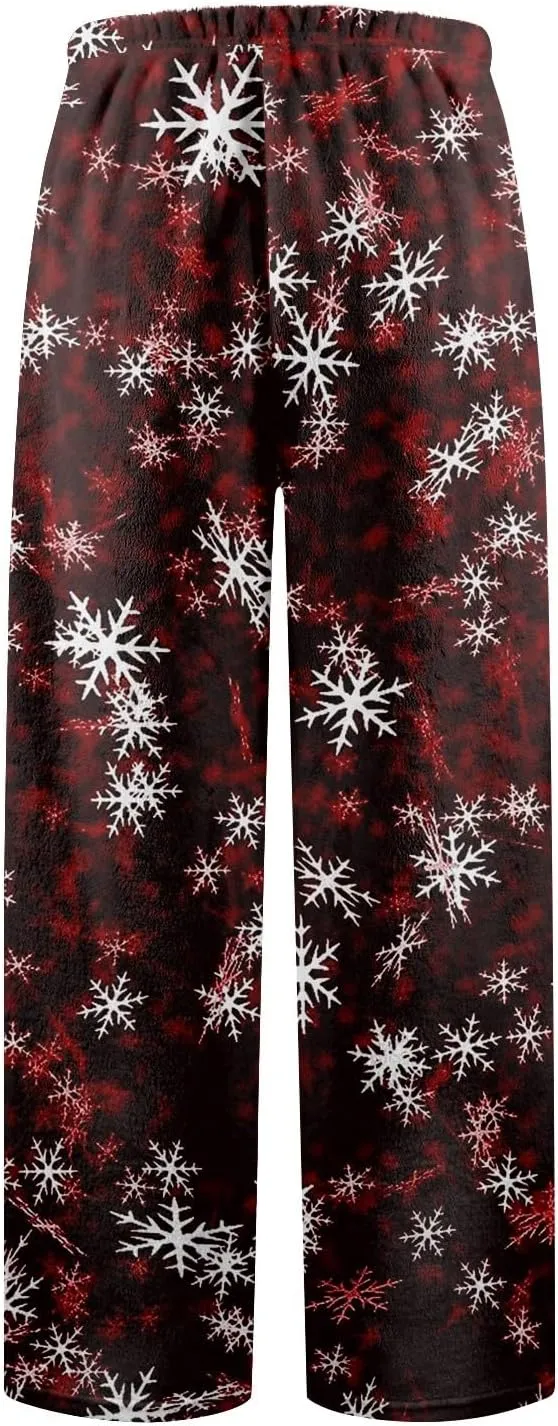 ADHOWBEW Winter Pajamas for Women 2024 Christmas Flannel Pjs Wide Leg Bottoms Casual Fuzzy Pants