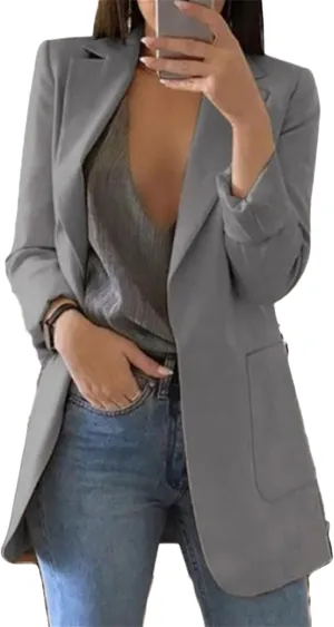 Andongnywell Womens Long Sleeve Casual Open Front Suit Jackets Solid Boyfriend Blazer Notched Lapel Outwears