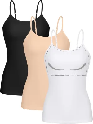 ATTRACO Women 3 Pack Cotton Camisoles wtih Shelf Bra Adjustable Spaghetti Strap Tank Tops