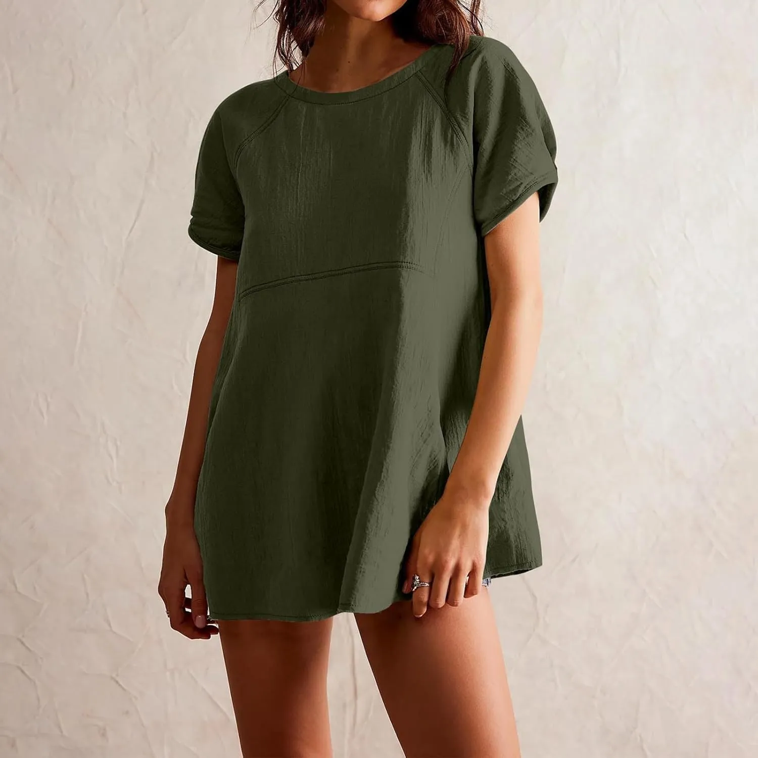 Babydoll Tops for Women 2024 Summer Short Sleeve Crewneck Oversized T Shirts Casual Loose Fit Flare Tunics