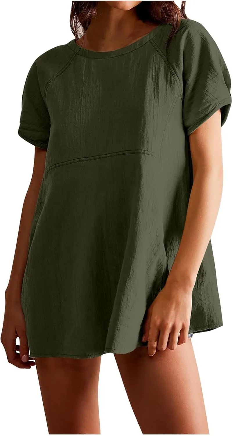 Babydoll Tops for Women 2024 Summer Short Sleeve Crewneck Oversized T Shirts Casual Loose Fit Flare Tunics