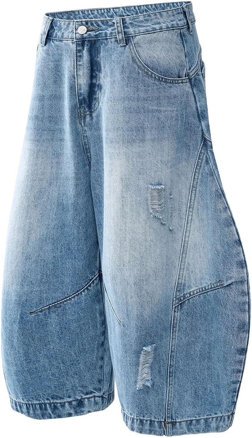 Baggy Jean Shorts for Men Summer Casual Loose Fit Y2K Hip Hop Mid Denim Shorts Streetwear with Pockets