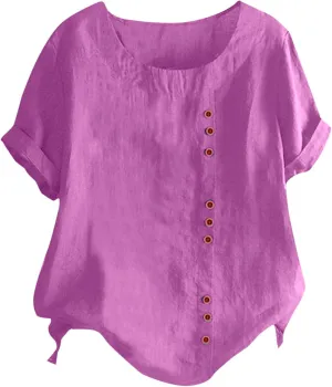 Baggy Linen Button Up Shirts For Women Retro Embroidery/Printed Tees Cotton Linen Short Sleeve Summer Loose Blouse