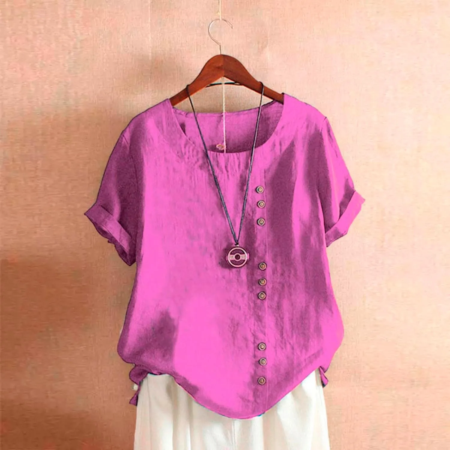 Baggy Linen Button Up Shirts For Women Retro Embroidery/Printed Tees Cotton Linen Short Sleeve Summer Loose Blouse