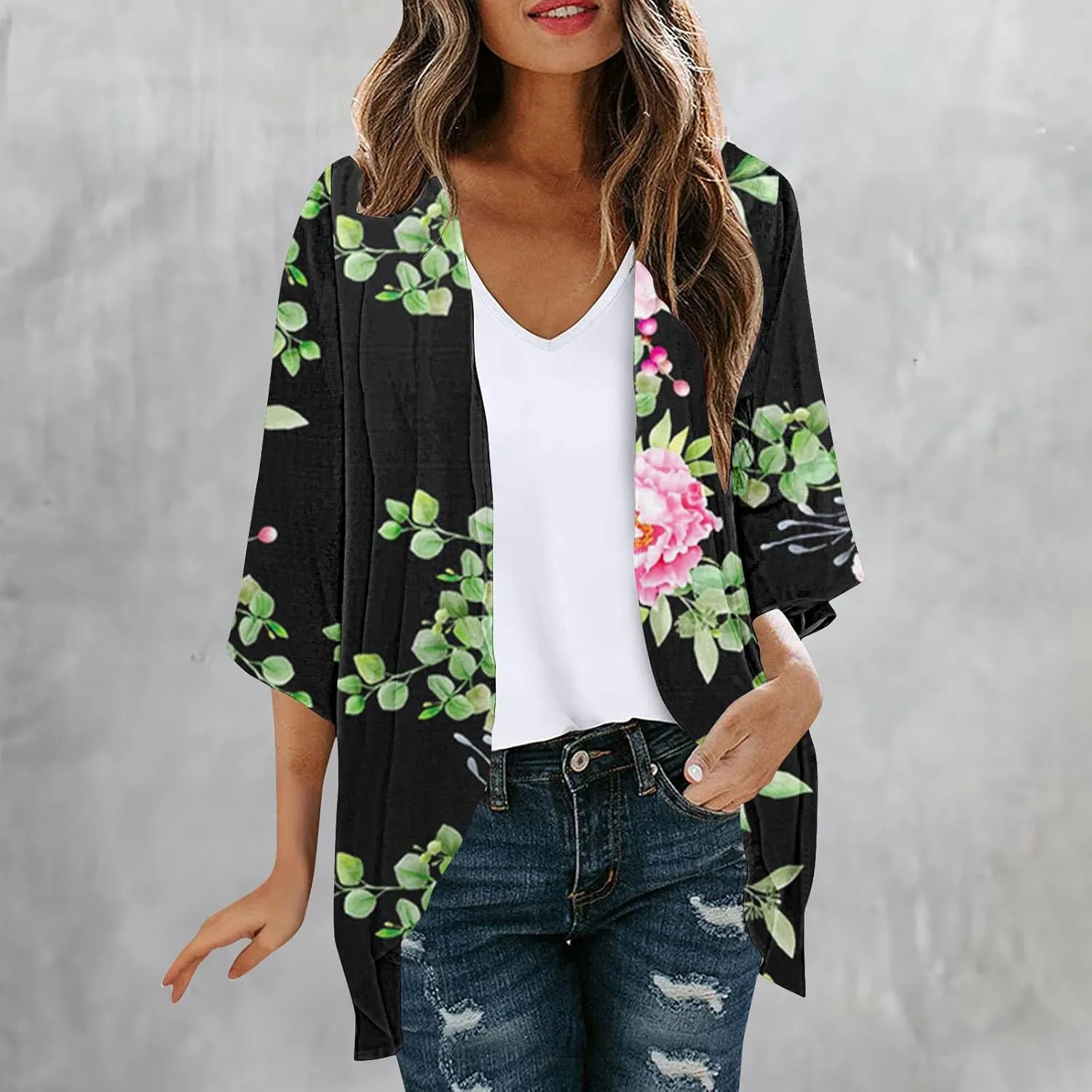 Beach Coverups for Women Floral Printed 3/4 Sleeve Kimono Loose Open Front Cardigan Summer Vacation Outfits