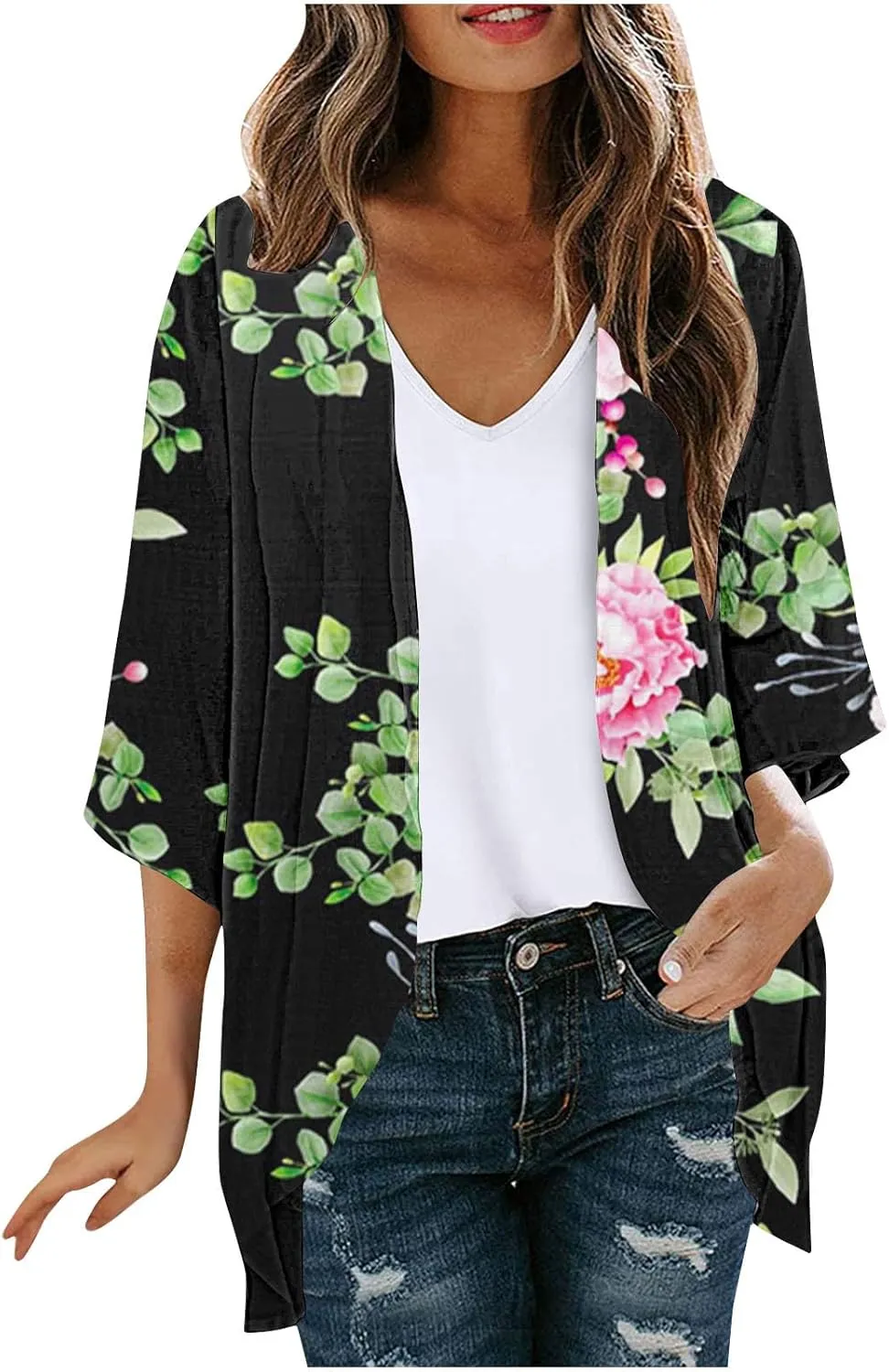 Beach Coverups for Women Floral Printed 3/4 Sleeve Kimono Loose Open Front Cardigan Summer Vacation Outfits