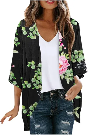 Beach Coverups for Women Floral Printed 3/4 Sleeve Kimono Loose Open Front Cardigan Summer Vacation Outfits