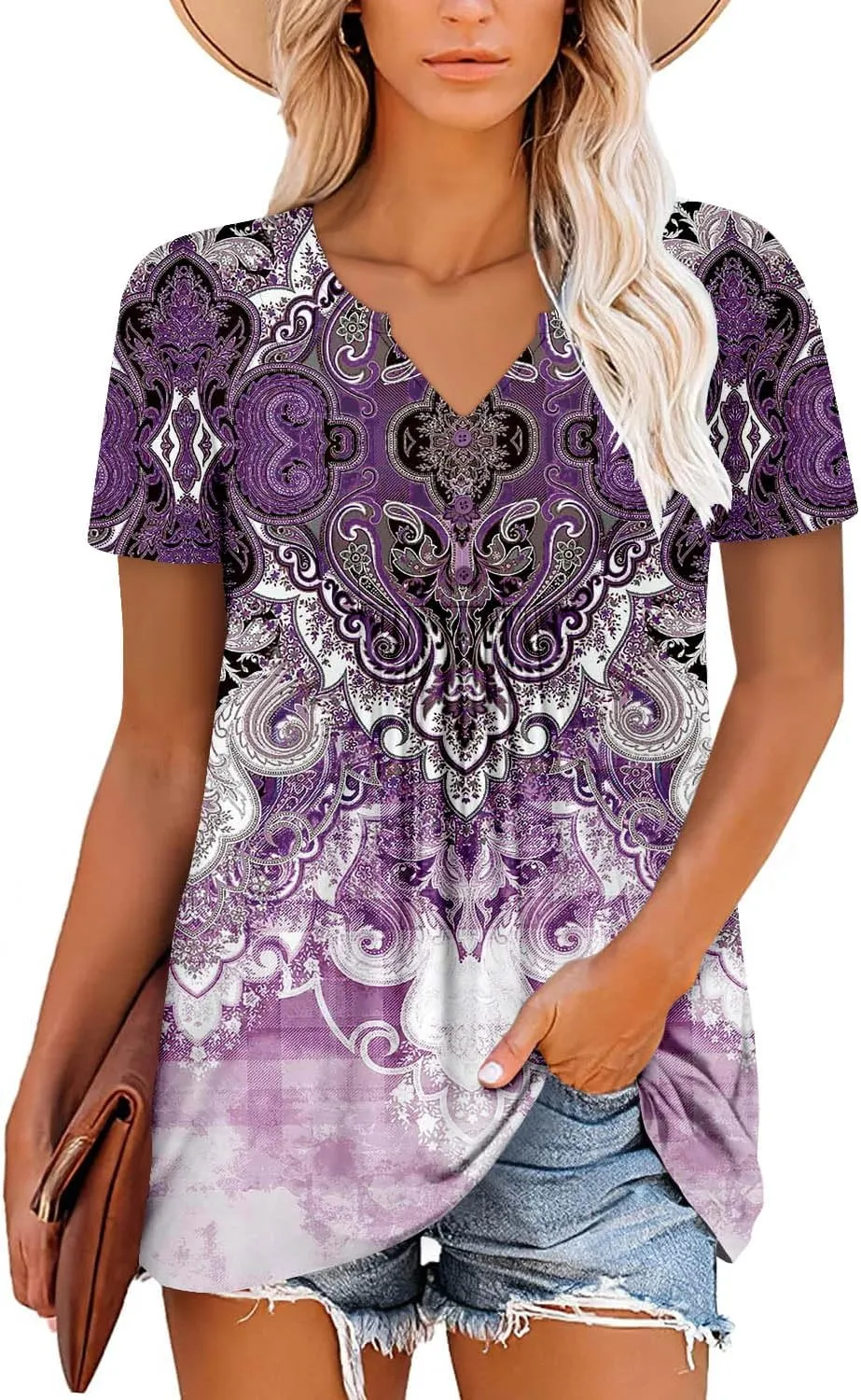 BETTE BOUTIK Womens Short Sleeve Tunics V Neck Button Down Shirts Blouse Tops Pullover S-3XL
