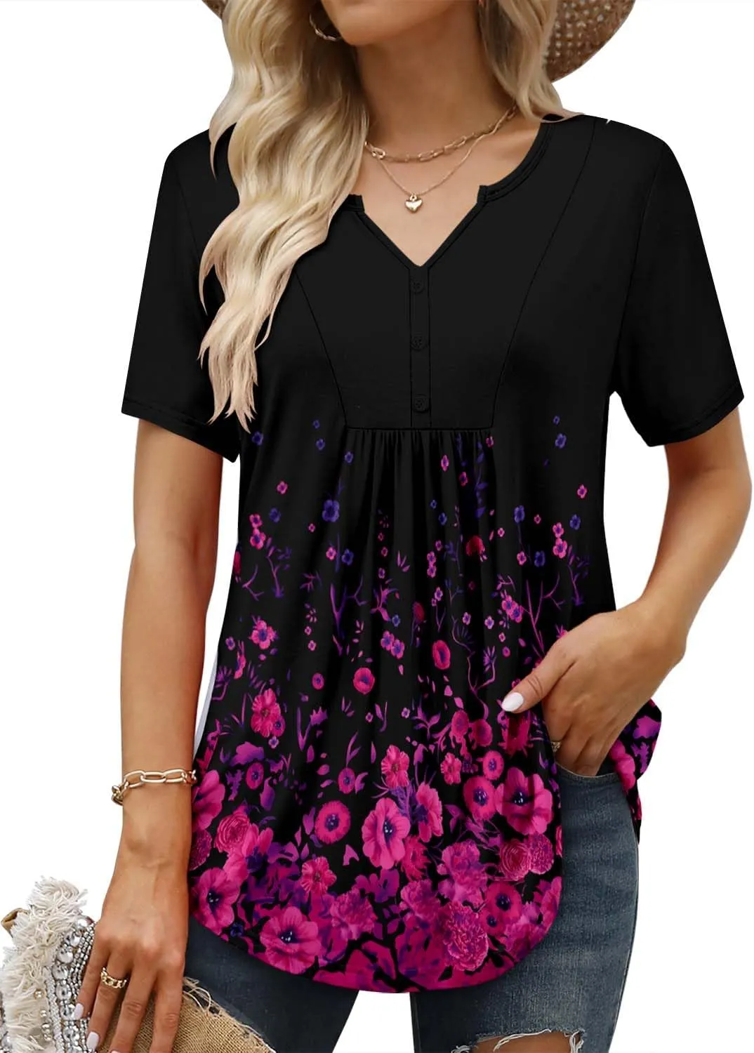 BETTE BOUTIK Womens Short Sleeve Tunics V Neck Button Down Shirts Blouse Tops Pullover S-3XL