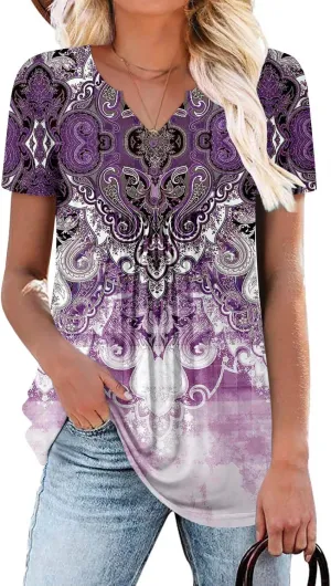 BETTE BOUTIK Womens Short Sleeve Tunics V Neck Button Down Shirts Blouse Tops Pullover S-3XL