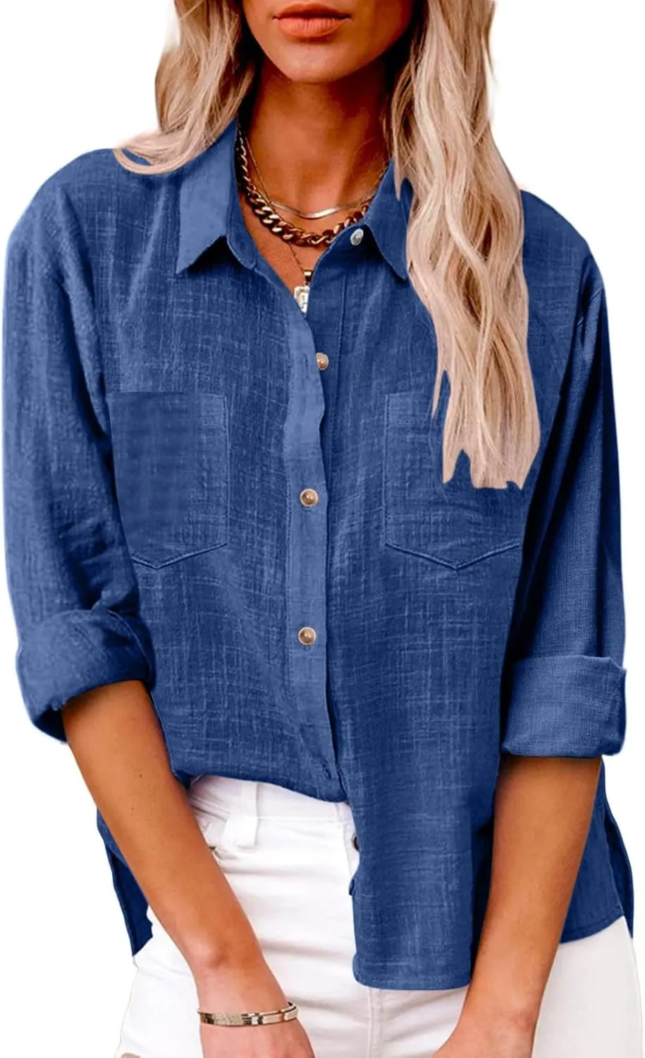 Blouses & Button-Down Shirts Women Lapel Long Sleeve Linen Summer Dressy Tops Loose Fit Cotton Cardigan Tunics