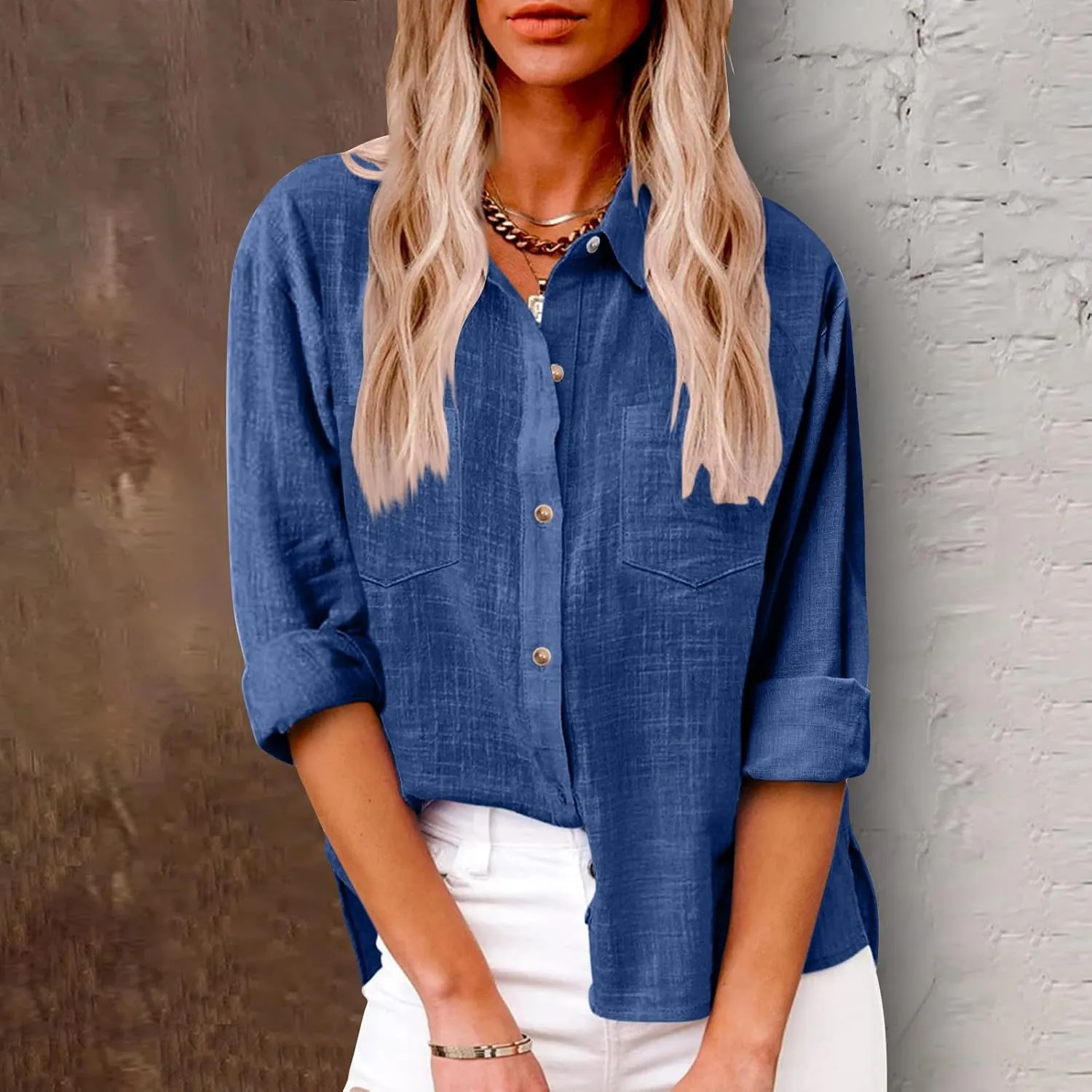 Blouses & Button-Down Shirts Women Lapel Long Sleeve Linen Summer Dressy Tops Loose Fit Cotton Cardigan Tunics