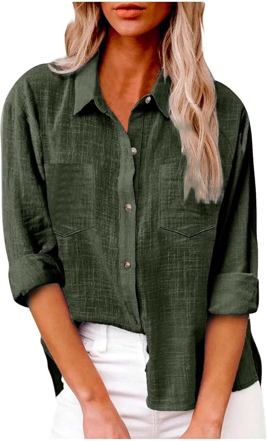 Blouses & Button-Down Shirts Women Lapel Long Sleeve Linen Summer Dressy Tops Loose Fit Cotton Cardigan Tunics