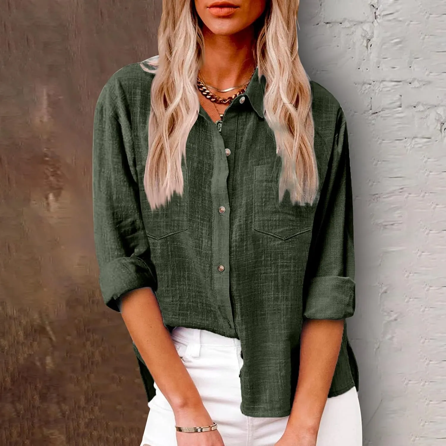 Blouses & Button-Down Shirts Women Lapel Long Sleeve Linen Summer Dressy Tops Loose Fit Cotton Cardigan Tunics