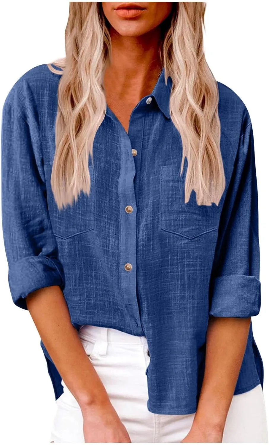 Blouses & Button-Down Shirts Women Lapel Long Sleeve Linen Summer Dressy Tops Loose Fit Cotton Cardigan Tunics