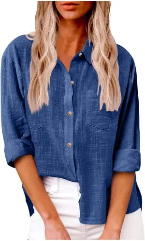Blouses & Button-Down Shirts Women Lapel Long Sleeve Linen Summer Dressy Tops Loose Fit Cotton Cardigan Tunics