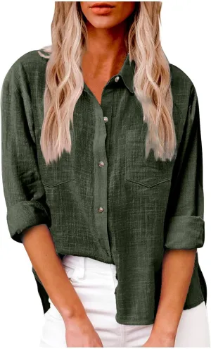 Blouses & Button-Down Shirts Women Lapel Long Sleeve Linen Summer Dressy Tops Loose Fit Cotton Cardigan Tunics