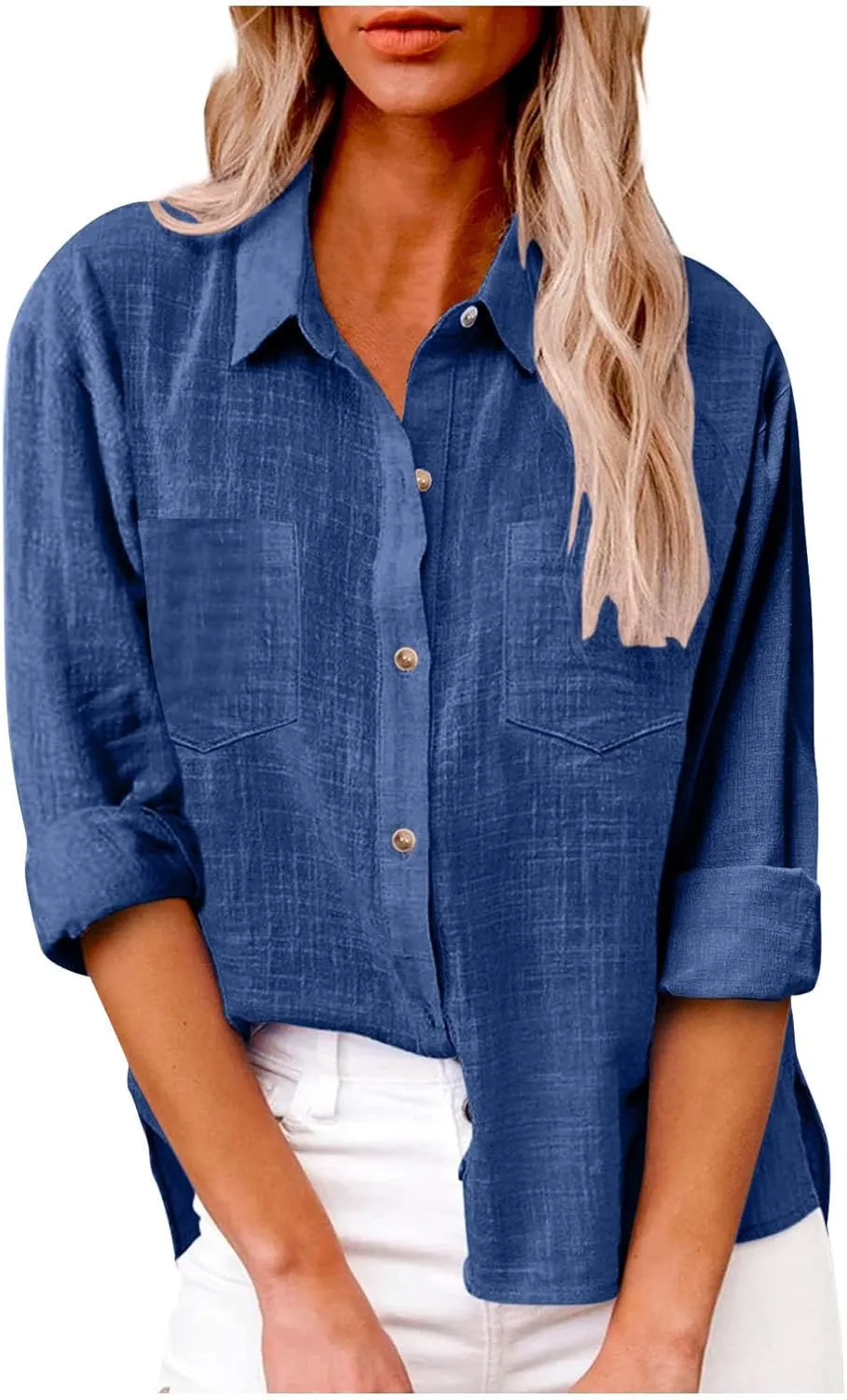 Blouses & Button-Down Shirts Women Lapel Long Sleeve Linen Summer Dressy Tops Loose Fit Cotton Cardigan Tunics