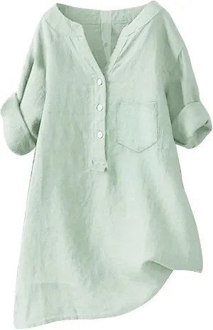 Boho Linen Shirts for Women 2025 Gauze Short Sleeve V Neck Button Loose Fit Blouses Vacation Dress Casual Tunic Tops